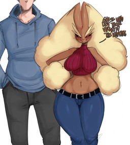 anthro biped bottomwear breasts brown_body clothed clothing dialogue duo eyelashes female front_view huge_hips huge_thighs male pupils red_clothing simple_background small_waist smile text thick_thighs topwear wide_hips saltyxodium nintendo pokemon generation_4_pokemon human lopunny mammal pokemon_(species) 2025 english_text hi_res