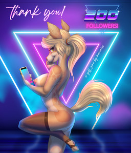 anthro blonde_hair cellphone clothing electronics female fur graphicdemon hair legwear nipples phone pose shy smartphone solo stockings synthwave yellow_body yellow_fur yiff_zone memonius canid canine mammal absurd_res hi_res pinup