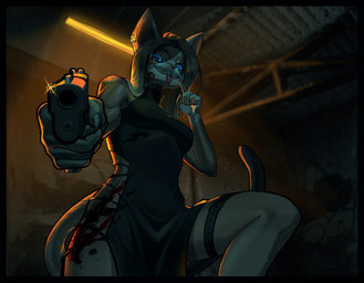 anthro biped black_clothing black_dress blood blood_on_leg bodily_fluids border breasts claws clothed clothed_anthro clothed_female clothing dress ear_piercing female female_anthro gun hair holding_gun holding_object holding_ranged_weapon holding_weapon light long_hair looking_at_viewer looking_down looking_down_at_viewer low-angle_view medium_breasts piercing pointing_gun_at_viewer ranged_weapon smile smiling_at_viewer solo tongue tongue_out weapon domestic_cat felid feline felis mammal dark_theme digital_drawing_(artwork) digital_media_(artwork) hi_res lighting shaded soft_shading