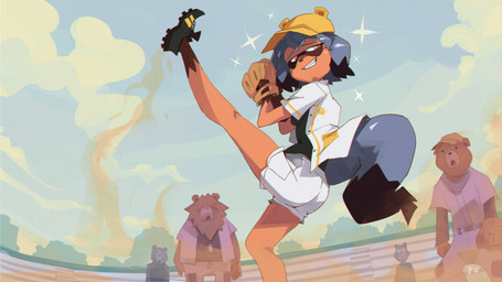 anthro baseball_(sport) baseball_cap baseball_glove baseball_uniform bottomwear clenched_teeth clothing female footwear hair hat head_turned headgear headwear jacket raised_leg shirt shoes shorts smile smirk solo sparkles sport sportswear tail teeth topwear uniform edtropolis brand_new_animal studio_trigger michiru_kagemori canid canine mammal raccoon_dog tanuki 2026 hi_res signature