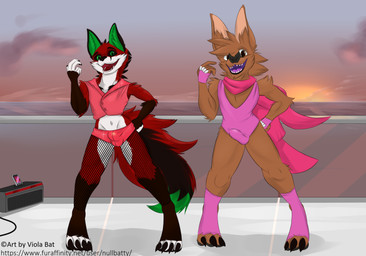 black_sclera brown_body brown_eyes brown_fur bulge claws clothed clothing cloud crossdressing dancing detailed_bulge duo fingerless_gloves fishnet_clothing fur gloves green_body green_eyes green_fur handwear inner_ear_fluff leotard looking_at_viewer male multicolored_body multicolored_fur multicolored_tail open_mouth red_body red_fur scarf sea skimpy standing suggestive sunset swimwear tail teeth text tight_clothing toe_claws tuft water white_body white_fur viola_bat victor_johansen viola_bat_(character) bat canid canine felid fox hybrid lion mammal pantherine 2017 artist_name english_text hi_res url
