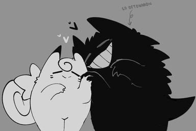 ambiguous_gender anthro biped bipedal_feral closed_smile directional_arrow duo eyes_closed feral grin hand_holding heart_symbol mouth_closed nuzzling open_mouth open_smile side_by_side smile tail teeth_showing text ariarik_o0 nintendo pokemon clefable generation_1_pokemon gengar pokemon_(species) 2025 digital_drawing_(artwork) digital_media_(artwork) english_description greyscale monochrome spanish_text translation_check translation_request female_(lore) male_(lore)