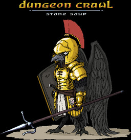 abstract_background ambiguous_gender armor black_body black_feathers feathers gold_(metal) gold_armor grumpy holding_melee_weapon holding_object holding_polearm holding_shield holding_spear holding_weapon knight_armor melee_weapon polearm shield solo spear title_screen weapon froggy_(artist) dungeon_crawl_stone_soup animal_humanoid avian avian_humanoid bird_humanoid humanoid tengu_(dcss)