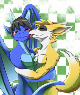 anthro arm_tuft black_hair blonde_hair blue_body blue_eyes blue_wings blush cheek_tuft chest_tuft closed_smile duo eyes_closed facial_tuft fur hair male membrane_(anatomy) membranous_wings mouth_closed nude one_eye_closed pattern_background red_tongue short_hair shoulder_tuft simple_background smile standing tail tongue tongue_out tuft white_body white_fur wings yellow_body yellow_fur kuttoyaki mythology canid dragon mammal mythological_creature mythological_scalie scalie hi_res