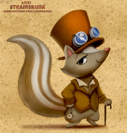 alternative_fashion anthro black_body black_eyes black_fur bottomless cane clock clothed clothing eyewear fur goggles hat headgear headwear humor male pun smile solo steampunk text top_hat visual_pun watch white_body white_fur piper_thibodeau mammal mephitid skunk striped_skunk digital_media_(artwork) digital_painting_(artwork) painting_(artwork) url
