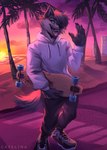 anthro beach black_bottomwear black_clothing black_pants blue_eyes bottomwear clothing dusk fur grey_body grey_fur hoodie longboard looking_at_viewer male palm_tree pants plant raised_hand seaside solo standing star sun sunset topwear tree white_clothing white_hoodie white_topwear antama zach_the_wolf canid canine canis mammal wolf absurd_res hi_res