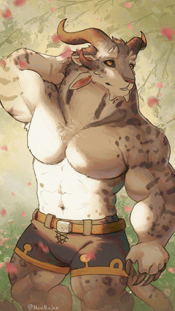abs abstract_background anthro belt belt_buckle biceps bottomwear buckle clothed clothing forearm_muscles hands_behind_head horn male midriff muscular muscular_male navel pecs shorts solo topless yellow_eyes noviraine guild_wars charr felid mammal