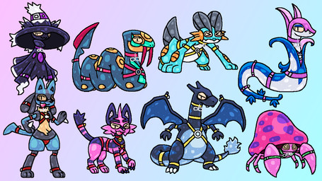 anthro biped black_body black_ears black_fur black_tail blue_body blue_ears blue_fur blue_tail blue_wings blush blush_lines claws clothing collar eyes_closed fangs feral fur green_collar green_harness hair happy harness hat headgear headwear infinity_symbol multicolored_body multicolored_fur one_eye_closed open_mouth orange_body pink_body pink_collar pink_fur pink_harness pink_tail purple_body purple_claws purple_collar purple_ears purple_fur purple_hair purple_harness quadruped red_collar red_harness red_tail smile symbol tail tan_body tan_fur teeth two_tone_body two_tone_fur two_tone_tail white_body white_clothing white_hat white_headwear wings yellow_collar yellow_harness squeakitties nintendo pokemon rubbermon charizard generation_1_pokemon generation_3_pokemon generation_4_pokemon generation_5_pokemon generation_7_pokemon lucario mismagius parasect pokemon_(species) serperior seviper swampert torracat 16:9 2024 hi_res widescreen