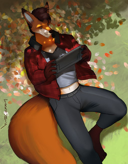 anthro autumn clothed clothing console gaming grass hair leaf male park plant playing smile solo tail franubis nintendo nintendo_switch nintendo_switch_2 canid canine fox mammal absurd_res hi_res