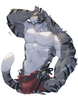 anthro biceps big_muscles black_stripes bottomwear claws clothed clothed_anthro clothed_male clothing countershade_arms countershade_face countershade_neck countershade_torso countershading dipstick_tail exposed_teeth eyebrows facial_markings finger_claws fingerpads fist front_view fur green_bottomwear green_clothing green_loincloth grey_body grey_fur hand_on_own_head head_markings head_turned huge_muscles inner_ear_fluff loincloth loincloth_only looking_at_viewer male markings mouth_closed multicolored_body multicolored_fur muscular muscular_anthro muscular_male no_pupils pawpads pecs red_bottomwear red_clothing red_loincloth red_pawpads scabbard snout solo striped_arms striped_body striped_face striped_legs striped_markings striped_shoulders striped_tail striped_torso stripes tail tail_markings teal_eyes text topless topless_anthro topless_male tuft two_tone_body two_tone_fur two_tone_loincloth underbite white_body white_countershading white_eyebrows white_fur white_inner_ear_fluff white_sclera white_tail_tip kuromonsart felid mammal pantherine tiger 2023 absurd_res artist_name colored dated digital_drawing_(artwork) digital_media_(artwork) english_text hi_res portrait three-quarter_portrait