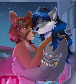 5_fingers anthro anthro_on_anthro black_nose blue_hair breasts brown_body brown_fur brown_hair clothed clothed_anthro clothed_female clothing duo female fingers fur grey_body grey_fur hair hug humanoid_hands interspecies interspecies_romance long_hair male male/female medium_hair multicolored_body multicolored_fur night romantic romantic_ambiance romantic_couple sky smile star starry_sky two_tone_body two_tone_fur white_body white_fur lustrum maku_(masterofwolves99) canid canine canis deer mammal wolf hi_res