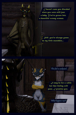 animal_genitalia anthro arm_warmers armwear balls blue_body blue_eyes blue_fur clothing dialogue female fully_sheathed fur genitals green_body green_scales leg_warmers legwear male pubes scales sheath text vulva white_body white_fur yellow_eyes flauntingfornication european_mythology mythology dragon kobold mythological_creature mythological_scalie scalie western_dragon wyvern 2:3 3d_(artwork) absurd_res comic digital_media_(artwork) english_text hi_res daughter_(lore) father_(lore) parent_(lore)