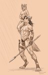 4_toes 5_fingers abs anthro athletic athletic_anthro athletic_male bottomwear breasts claws clothed clothed/nude clothed_male clothing duo feet female finger_claws fingers foot_wraps fur hair hand_wraps holding_melee_weapon holding_object holding_polearm holding_spear holding_weapon larger_male loincloth long_hair male male/female melee_weapon nipples nude pecs polearm pubes sitting_on_shoulder size_difference smaller_female spear standing teeth toe_claws toes topless topless_anthro topless_male tribal weapon wraps marsonaut regorest's_jungle_world canid canine canis mammal wolf 2023 hi_res