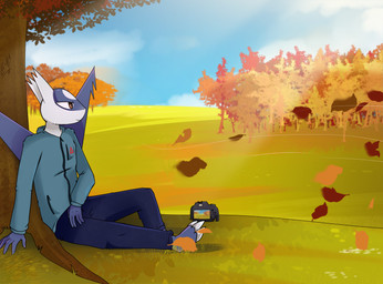 admiring anthro autumn blue_body brown_eyes camera claws clothed clothing cloud detailed_background field forest grass grass_field half-closed_eyes leaf male narrowed_eyes outside plant simple_background sitting sky smile solo tree white_body wind wings e-01 nintendo pokemon generation_3_pokemon latios legendary_pokemon pokemon_(species) digital_media_(artwork) hi_res