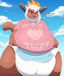 absurd_res anthro big_diaper bottomwear clean_diaper clothed clothing diaper english_text extremius_amphibious generation_4_pokemon hi_res infernape jewelry looking_at_viewer looking_down low-angle_view male necklace nintendo overweight pokemon pokemon_(species) shirt solo t-shirt text thick_thighs topwear underwear wearing_diaper worm's-eye_view