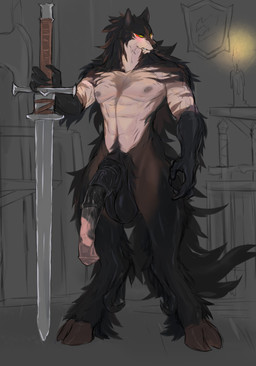animal_genitalia animal_penis anthro balls big_balls big_penis black_body black_fur blush brown_body brown_fur claws digitigrade equine_genitalia equine_penis fur genitals greatsword hanging_penis holding_object holding_weapon hooves huge_balls huge_penis looking_at_viewer male melee_weapon mismatched_genitalia mismatched_penis nipples penis solo standing sword tail weapon yellow_eyes laobai bai_(laobai) canid hybrid mammal absurd_res hi_res