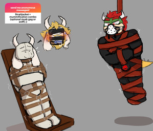anthro bdsm belt blindfold blonde_hair bondage bound clothing collar duo encasement facial_hair footwear fur gag gagged hair hood horn male male/male mummification null resteian restraints sack socks straitjacket straps submissive tail text mrpawpaw mario_bros ngl nintendo undertale undertale_(series) asgore_dreemurr bowser bovid caprine goat koopa mammal mummy scalie undead digital_media_(artwork) english_text hi_res sketch