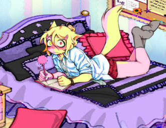 accessory adolescent anthro bed bedroom blush clothed clothing collared_shirt dress_shirt embarrassed footwear furniture hair_accessory hairclip inside looking_at_viewer lying male necktie on_front pantsless shirt socks solo topwear underwear young angxlmeat domestic_cat felid feline felis mammal trans_(lore) trans_man_(lore)