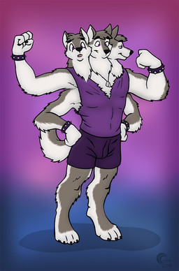 3_heads 4_arms 4_pecs anthro bottomwear clothing digitigrade dog_tags gradient male multi_arm multi_head multi_limb multi_pecs pecs shirt shorts solo tank_top topwear crazy-husky european_mythology greek_mythology mythology canid canid_demon canine canis cerberus demon domestic_dog hellhound husky mammal mythological_canine mythological_creature nordic_sled_dog spitz hi_res