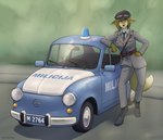 2023 anthro biped canid canine car clothed clothing detailed_background digital_media_(artwork) english_text female fox fur hair hat headgear headwear hi_res light looking_at_viewer mammal milinka_(patecko) monochrome outside patecko plant police police_hat police_officer police_uniform shrub sidewalk simple_background small_car solo sunlight tail text topwear true_fox uniform vehicle wheel white_body white_fur yugoslavia zastava_750 zastava_automobili