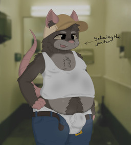anthro biped body_hair bottomwear bulge clothing happy_trail hat headgear headwear male nipple_outline open_mouth overweight overweight_male pants pube_peek pubes shirt solo tear_trough topwear underwear evilhorsecock darren_(evilhorsecock) mammal murid murine rat rodent 2025 hi_res