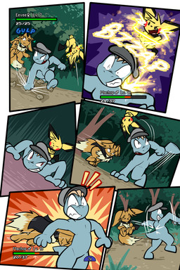 4_fingers 6_panel_comic ambiguous_gender battle biped black_cape black_clothing black_nose blue_body blue_text brown_body brown_eyes brown_fur brown_hair cape cheek_spots clothing day electricity eyes_closed feral fight fingers fluffy fluffy_tail fur gameplay_mechanics grass group gui hair hat headbutt headgear headwear health_bar looking_at_another lying midair motion_lines neck_tuft on_front on_ground open_mouth outside page_number pawpads paws plant quadruped red_cheeks rock running sharp_teeth sound_effects tail teeth text tongue tongue_out toony tree trio tuft white_text yellow_body virmir nintendo pokemon pokemon_mystery_dungeon spike_chunsoft medik_jackal virmir_(character) eevee generation_1_pokemon generation_2_pokemon humanoid machop pichu pokemon_(species) 2025 2:3 absurd_res comic english_text hi_res male_(lore)