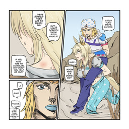 age_difference armwear biped blonde_eyebrows blonde_hair blue_bottomwear blue_clothing blue_eyes blue_footwear blue_hat blue_headwear blue_hoodie blue_lips blue_lipstick blue_pants blue_shoes blue_sky blue_topwear bodily_fluids bottomwear breasts bug_bite carrying_another cattail_(plant) clothed clothed_female clothed_human clothed_humanoid clothed_male clothing crop_top day dialogue duo ear_accessory eyebrows female female_humanoid footwear grey_armwear grey_clothing grey_shirt grey_topwear hair harness hat headgear headwear hoodie humanoidized lips lipstick long_hair makeup male male_human mature_female mature_humanoid medium_breasts midriff multicolored_bottomwear multicolored_clothing multicolored_footwear multicolored_hoodie multicolored_shoes older_female older_humanoid outside pants pattern_bottomwear pattern_clothing pattern_pants piggyback pink_clothing pink_hoodie pink_topwear plantigrade running shirt shoes sky solo sweat sweaty_arms sweaty_face sweaty_neck tail tan_ears tan_tail topwear two_tone_bottomwear two_tone_clothing two_tone_footwear two_tone_hat two_tone_pants two_tone_shoes water white_bottomwear white_clothing white_footwear white_hat white_headwear white_hoodie white_pants white_shoes white_topwear younger_human younger_male maven_(artist) cygames jojo's_bizarre_adventure steel_ball_run uma_musume_pretty_derby johnny_joestar slow_dancer_(jjba) animal_humanoid equid equid_humanoid equine equine_humanoid horse_humanoid human humanoid mammal mammal_humanoid 1:1 2025 comic hi_res right_to_left