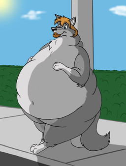 belly big_belly cloud dessert doughnut doughnut_in_mouth feral food fur grey_body grey_fur hair hand_on_belly leaning leaning_against_pole leaning_backward male navel nude obese obese_feral obese_male on_hind_legs outside overweight overweight_feral overweight_male pastry paws smile solo standing sun wide_eyed hectorthewolf hector_(hectorthewolf) canid canine canis mammal wolf 2011 digital_media_(artwork) hi_res paint_tool_sai_(artwork)