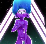 80's_theme anthro blue_hair breasts detailed_background eyes_closed female hair hand_on_chest nipples nude open_mouth purple_body scratchdex shaded solo standing synthwave thigh_gap