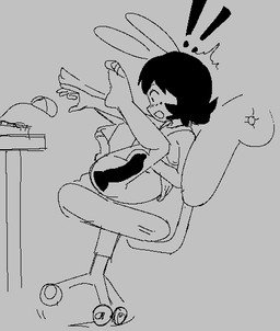 abdominal_bulge anal anal_penetration anthro barefoot black_hair bottomless chair clothed clothing computer_mouse desk dildo dildo_in_ass dildo_insertion dildo_sitting falling falling_back feet furniture hair losing_balance male masturbation object_in_ass office_chair on_chair penetrable_sex_toy penetration sex_toy sex_toy_in_ass sex_toy_insertion shirt sitting sitting_on_chair solo table tank_top topwear young young_anthro young_male pongpongrun bunny_boy_(gummuru) lagomorph leporid mammal rabbit monochrome