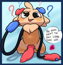 animal_genitalia animal_penis balls big_penis black_arms black_eyes blep blue_claws blue_ears blue_freckles blue_hands brown_body brown_fur canine_genitalia canine_penis cheek_tuft claws confusion derp_eyes dialogue facial_tuft floppy_ears folded_ears freckled_face freckles front_view fur genitals head_tuft kneeling knot knotted_penis long_arms long_penis male mismatched_claws mismatched_ears mismatched_freckles mismatched_hands multicolored_body multicolored_fur neck_tuft orange_body orange_fur penis pink_penis question_mark red_claws red_freckles red_hands silly silly_face size_difference small_but_hung smaller_male solo square_head tan_body tan_fur text tongue tongue_out tuft kakau221 blushcrunch_studio dandy's_world goob_(dandy's_world) canid canine mammal toon_(dandy's_world) 2026 digital_media_(artwork) english_text full-length_portrait hi_res portrait