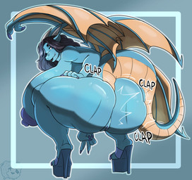 2_horns anthro ass_clapping big_butt black_hair blue_body butt clothing contact_onomatopoeia crouching ear_piercing ear_stud female female_anthro footwear footwear_only gesture hair hand_gesture hand_on_leg hand_on_own_leg hand_on_own_thigh hand_on_thigh high_heels high_heels_only horn huge_butt impact_onomatopoeia looking_back mostly_nude mostly_nude_anthro mostly_nude_female onomatopoeia piercing rear_view shoes solo sound_effects tail text thick_thighs twerking v_sign wings yellow_body deadzgaia mythology haavex dragon mythological_creature mythological_scalie scalie hi_res watermark