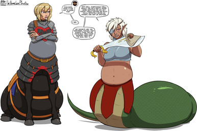 apode armor belly big_belly blonde_hair breasts duo female hair legless melee_weapon overweight serpentine simple_background speech_bubble split_form sword text weapon white_background white_hair a0iisa european_mythology greek_mythology mythology centaur draconcopode equid equid_taur humanoid_taur lamia mammal mammal_taur reptile scalie snake taur 2026 english_text hi_res