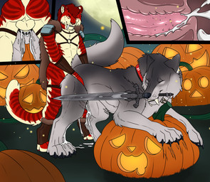 animal_genitalia animal_vulva anthro anthro_on_feral anthro_penetrating anthro_penetrating_feral bestiality black_vulva bodily_fluids canine_genitalia canine_vulva cum cum_on_ground cum_on_leg cutaway duo eyes_closed female female_feral female_penetrated feral feral_penetrated food fruit fur genital_fluids genitals grey_body grey_fur hair internal larger_female larger_feral larger_penetrated looking_back male male/female male_anthro male_penetrating male_penetrating_female markings mating_grip melee_weapon moon night object_in_mouth outside penetration penile penile_penetration penile_spines penis penis_in_vagina plant pumpkin red_body red_fur red_hair sex short_hair side_view size_difference smaller_anthro smaller_male standing striped_arms striped_legs striped_markings striped_tail stripes sword sword_in_mouth tail tail_markings vaginal vaginal_penetration vulva weapon weapon_in_mouth yellow_body yellow_fur killthe_demon dark_souls fromsoftware angel_(velvetvlade) great_grey_wolf_sif canid canine canis felid mammal wolf hi_res