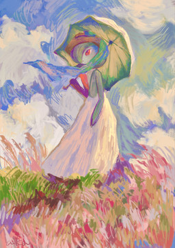 ambiguous_gender clothing cloud dress flower green_body green_hair hair hat headgear headwear long_dress looking_aside markings not_furry parasol plant red_eyes sky solo standing sun_hat white_markings otonoha_827 nintendo pokemon gardevoir generation_3_pokemon humanoid pokemon_(species) digital_media_(artwork) digital_painting_(artwork) hi_res painting_(artwork)