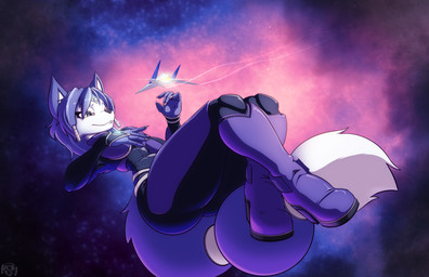 accessory anthro arwing beads belt blue_body blue_fur blue_hair bodysuit boots breasts butt circlet clothing crossed_legs dipstick_tail eyebrows eyelashes female footwear fur green_eyes hair hair_accessory hair_beads high_heeled_boots high_heels macro markings shoes skinsuit solo spacecraft tail tail_markings tight_clothing vehicle white_body white_fur gluepaw nintendo star_fox krystal_(star_fox) canid canine fox mammal 2026