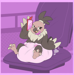 3_toes accessory ambiguous_gender anthro beak blush blush_lines border brown_beak brown_body brown_feathers brown_tail chair clothed clothing cloud_emanata diaper diaper_only diaper_puff electronics emanata feathers feces feet furniture hair_accessory hairband head_feathers holding_object holding_phone makeup mascara object_in_mouth on_chair open_mouth open_smile pacifier pacifier_in_mouth phone phone_call pink_body pink_diaper pink_pacifier purple_background purple_border simple_background sitting smile soiled_diaper solo tail tail_feathers talons tan_body tan_feathers tan_talons toes topless unclean_diaper used_diaper wearing_diaper bubblepuppers nintendo pokemon carrie_(screweverything) generation_5_pokemon pokemon_(species) vullaby full-length_portrait hi_res portrait