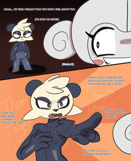 anthro asking_out black_body bloodshot_eyes confession crazy_eyes dialogue duo femboy gesture hand_gesture heart_beating love male nipples pan_(token_taker) pointing smile token_taker nintendo pokemon cham_(token_taker) generation_3_pokemon generation_6_pokemon meditite pancham pokemon_(species) comic digital_media_(artwork) hi_res