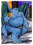 anthro bat_wings belly belly_overhang belt blue_body blue_bottomwear blue_clothing blue_loincloth bottomwear building city cityscape clothed clothing eating fangs food holding_food holding_meat holding_object loincloth loincloth_only male meat meat_on_bone membrane_(anatomy) membranous_wings night open_mouth sitting skyscraper slightly_chubby smile solo teeth topless white_sclera wings billy_fore disney gargoyles gargoyle hi_res