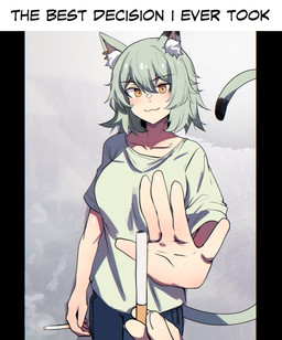 ambiguous_gender ambiguous_human ambiguous_pov black_bars black_hair_tip black_tail_tip blue_bottomwear blue_clothing blue_pants blush bottomwear breasts cigarette cigarette_smoke clothing dipstick_tail duo ear_piercing ear_ring faceless_ambiguous faceless_character female female_humanoid first_person_view green_clothing green_shirt green_topwear holding_cigarette holding_object inner_ear_fluff looking_at_viewer markings medium_breasts mostly_offscreen_character oversized_clothing oversized_shirt oversized_topwear pants piercing refusing ring_piercing sharing shirt smile smiling_at_viewer smoke smoking smoking_cigarette tail tail_markings text topwear tuft yellow_eyes princess_hinghoi chainsmoker_cat yaniko_satou animal_humanoid cat_humanoid felid felid_humanoid feline feline_humanoid human humanoid mammal mammal_humanoid 2026 digital_drawing_(artwork) digital_media_(artwork) english_text hi_res meme pillarbox