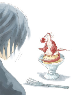ambiguous_gender cherry cutlery dairy_products duo feral food fork fruit horn kitchen_utensils membrane_(anatomy) membranous_wings plant size_difference tail tools whipped_cream wings tama_suji drakengard mythology square_enix angelus caim dragon human mammal mythological_creature mythological_scalie scalie
