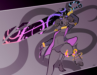 abstract_background anthro breasts bulge chain chain_around_leg chest_binder clothed clothing collar cuff_(restraint) dagger dual_wielding ear_piercing ear_ring facial_markings floppy_ears fluffy fluffy_chest fur furgonomic_piercing furgonomics gold_(metal) gold_chain gold_collar gold_handcuff gold_jewelry greatsword gynomorph handcuffs head_markings holding_object holding_weapon hooves horizontal_pupils horn horn_piercing huge_weapon ink intersex jacket jewelry jumping long_ears long_tail markings melee_weapon metal_collar metal_cuffs midair missing_eye mouthless nipple_chain open_clothing open_jacket open_topwear panties panties_bulge parrying_dagger piercing pupils red_body red_fur restraints ring_piercing small_breasts solo sword tail thick_thighs topwear underwear weapon conditional_dnp lodi_(artist) lodi_(character) bovid caprine demon goat hybrid mammal absurd_res hi_res restricted_palette signature