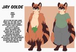 anthro bottomwear brown_body brown_fur clothing fluffy fur green_eyes jay_(cybcutie) leaf leaf_censor male nude pants slightly_chubby solo stated_homosexuality stated_sexuality sweatpants text cybcutie canid canine mammal raccoon_dog tanuki absurd_res english_text hi_res model_sheet