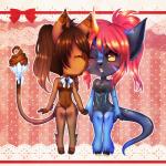 anthro chibi duo fangs female open_mouth simple_background teeth tongue priincessu felid mammal 1:1