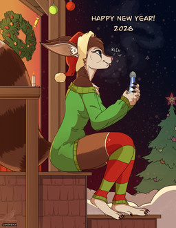 anthro blue_eyes bottle christmas_tree claws clothing container ears_down fangs female holidays legwear paws pivoted_ears plant snow solo stockings sweater tail teeth text topwear tree conoreika christmas dota valve hoodwink_(dota) mammal rodent sciurid tree_squirrel absurd_res hi_res