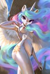 anthro areola breasts digital_media_(artwork) digital_painting_(artwork) equid equine exposure_variation female friendship_is_magic fur hasbro hi_res horn jumperkit looking_at_viewer low-angle_view mammal my_little_pony mythological_creature mythological_equine mythology navel nipples nude princess_celestia_(mlp) smile solo spread_wings white_body white_fur wide_hips winged_unicorn wings