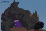 anthro athletic athletic_anthro black_body black_fur clothed clothing fur jockstrap jockstrap_only looking_at_viewer lounging male muscular muscular_anthro muscular_male paws pose sitting topless underwear underwear_only mylife42 canid canine canis mammal wolf absurd_res hi_res