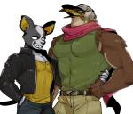 anthro belt bottomwear claws clothed clothing duo jacket male muscular muscular_male pants pecs scarf shirt simple_background smile standing tank_top teeth topwear white_background kadikadisake jojo's_bizarre_adventure iggy_(jjba) pet_shop_(jjba) avian bird boston_terrier canid canine canis domestic_dog falcon falconid hunting_dog mammal molosser small_molosser terrier toy_dog