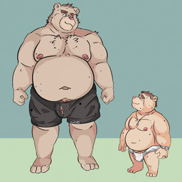 age_difference anthro barefoot barely_visible_genitalia belly boxers_(clothing) bulge clothed clothing digit_ring duo feet fur genitals jewelry looking_at_another male married muscular navel nipples older_male overweight overweight_anthro overweight_male ring ring_(jewelry) short short_legs size_difference slightly_chubby smile standing tall tan_body tan_fur underwear underwear_only wedding_ring white_clothing white_underwear cosmic51moon daniel_(cosmic51moon) bear mammal hi_res father_(lore) father_and_child_(lore) father_and_son_(lore) parent_(lore) parent_and_child_(lore) parent_and_son_(lore) son_(lore)