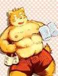 2014 anthro belly blush bottomwear bulge canid canine canis clothing domestic_dog japanese_text male mammal moobs nipples overweight overweight_anthro overweight_male shimm shorts solo text